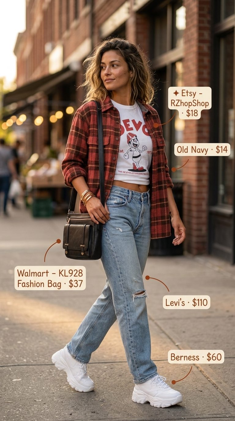 Retro graphic tee & relaxed jeans outfit for women 2026. Casual concert style with flannel & sneakers.