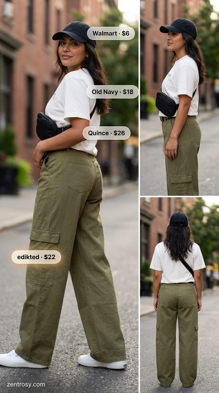 Casual khaki low-waist cargo trousers outfit for women 2026. Perfect for weekend errands & travel.