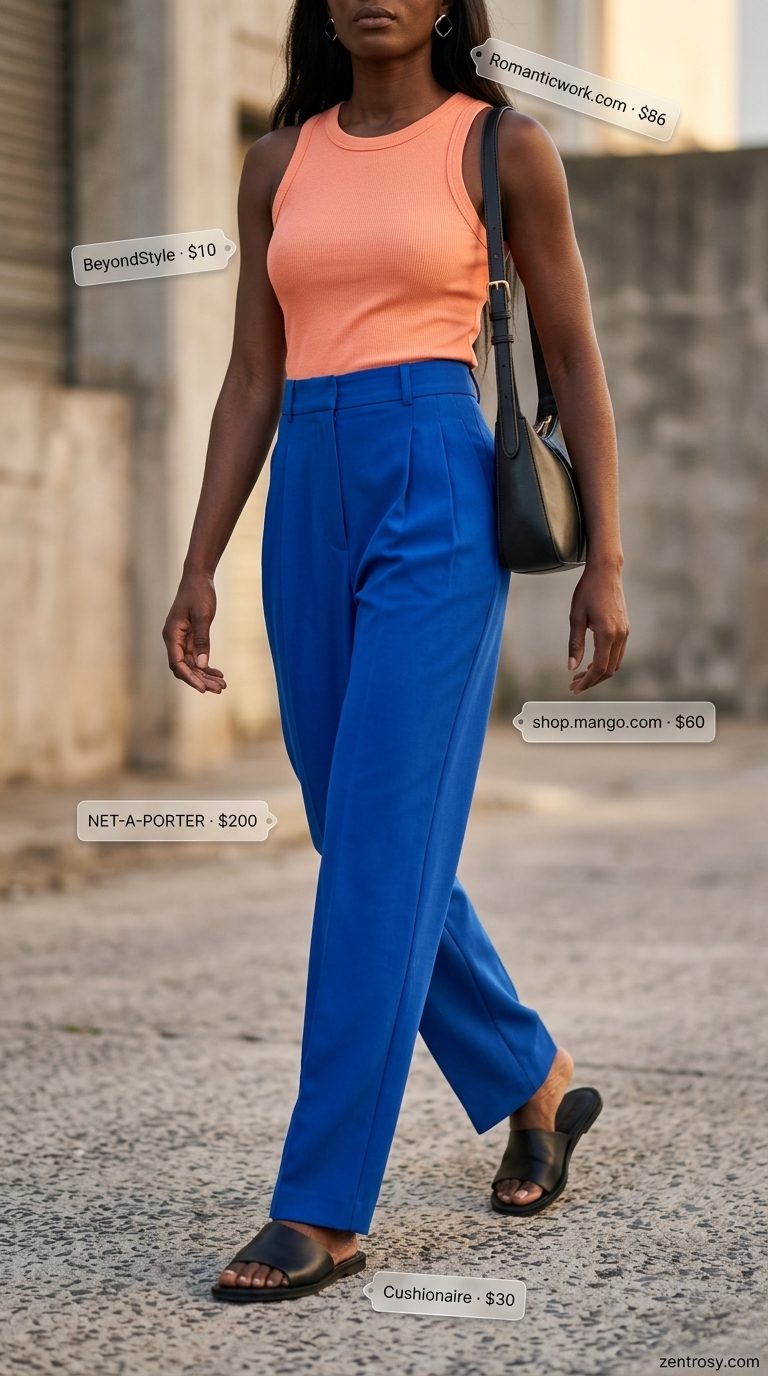 Bold cobalt blue low-waist trousers for women 2026 with coral tank & black sandals for festivals.