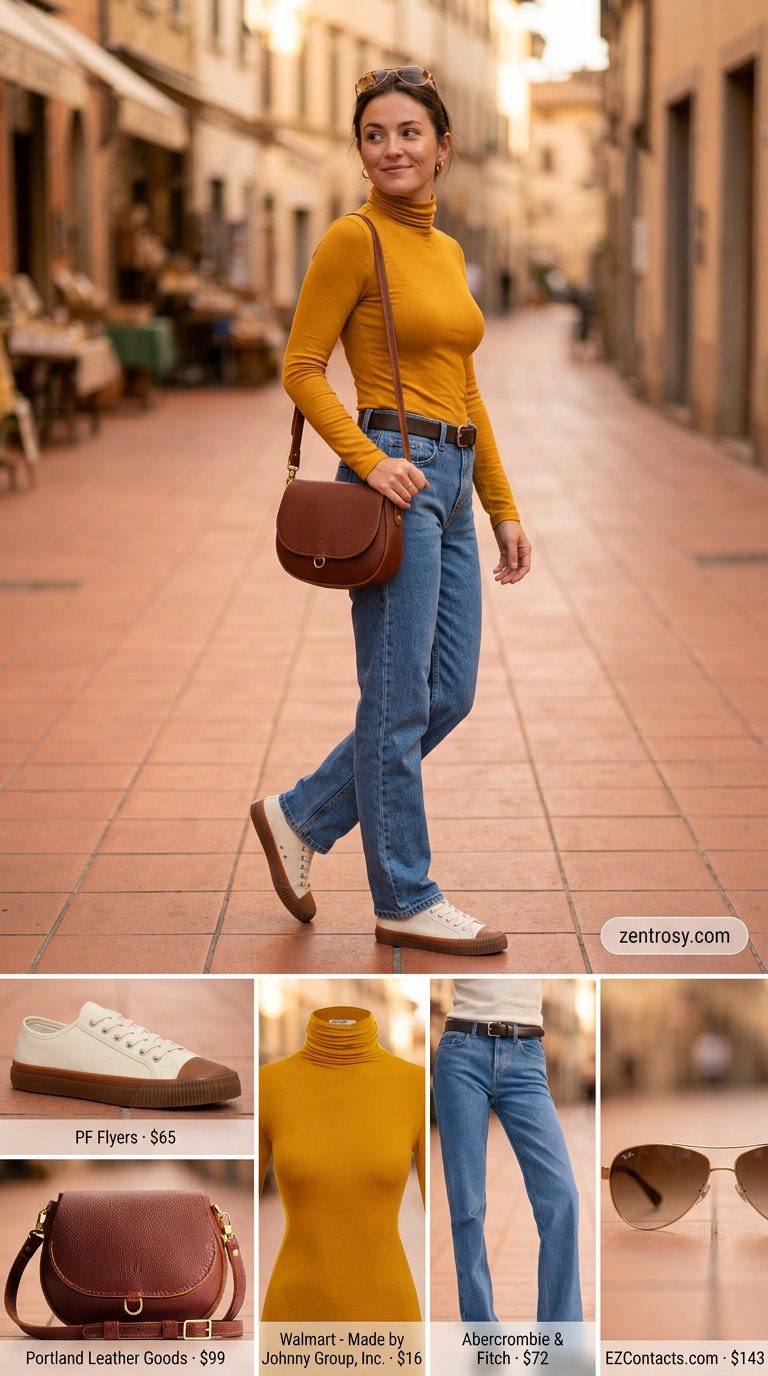 Retro medium wash denim low-waist trousers for women 2026 with mustard top & brown bag.