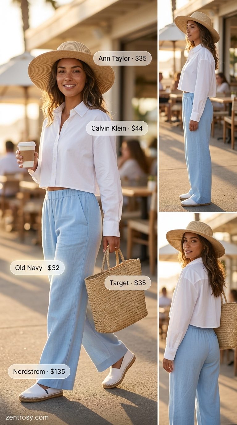 Breezy sky blue low-waist trousers for women 2026 with white shirt & espadrilles for beach.