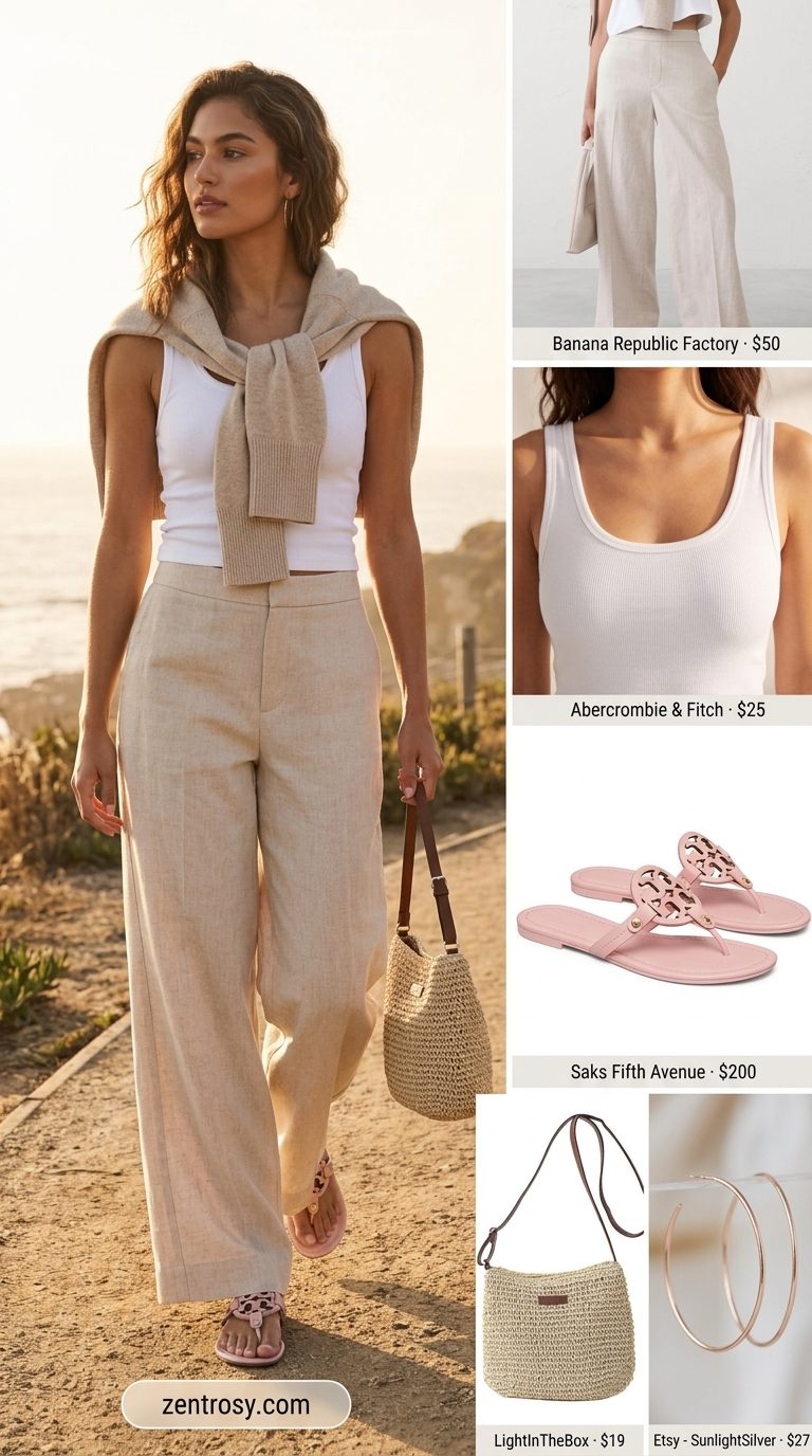 Chic light beige linen-blend low-waist trousers for women 2026 with white tank & blush slides.