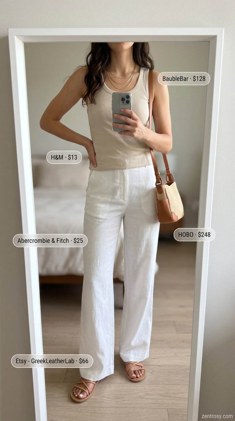 Coastal ivory linen low-waist trousers for women 2026 with cream tank & tan sandals.