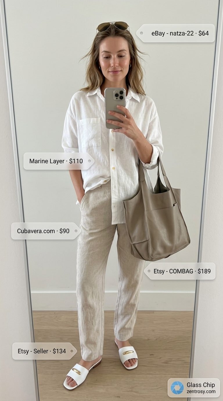 Monochrome light beige linen low-waist trousers for women 2026 with cream oversized shirt.