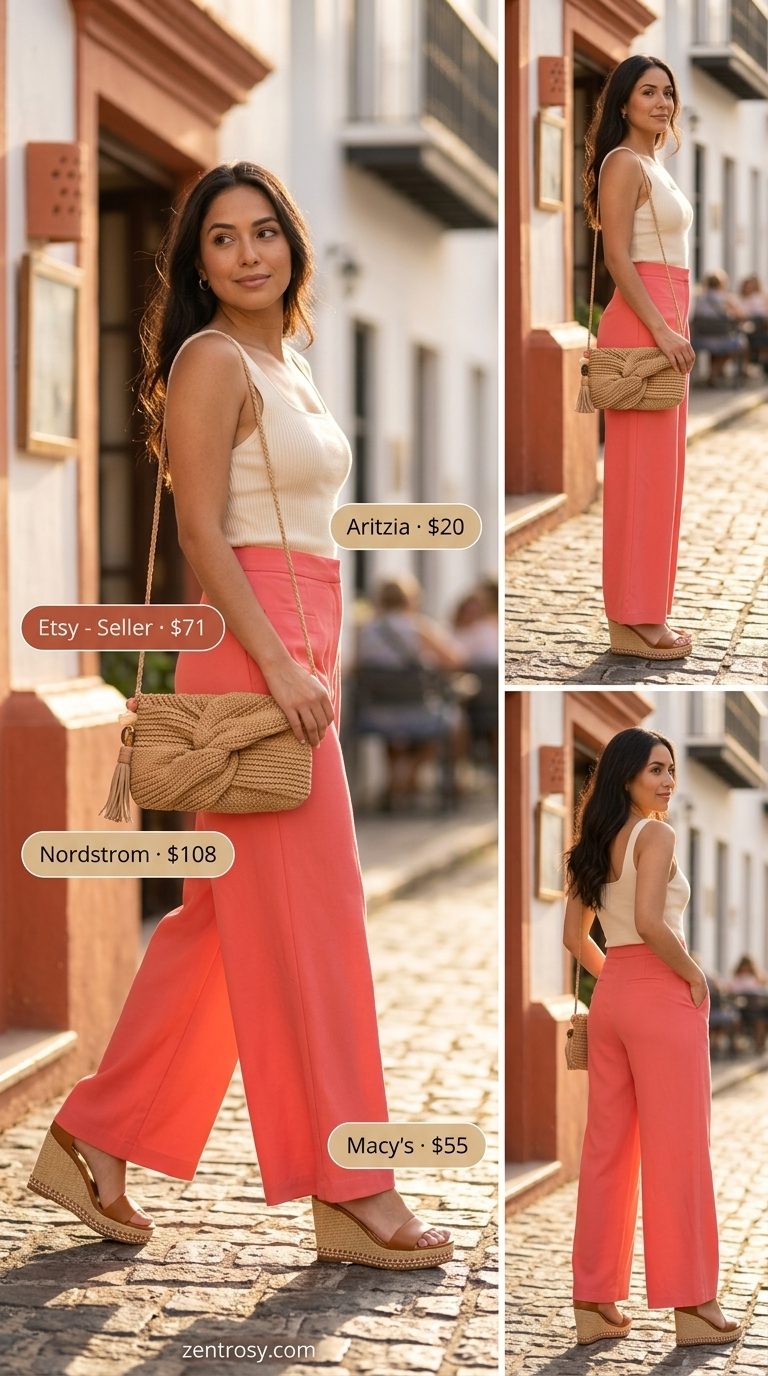 Elegant coral palazzo low-waist trousers for women 2026 with ivory tank & espadrilles.