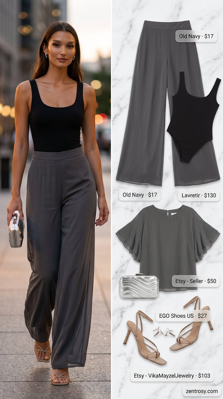 Chic charcoal grey sheer overlay low-waist trousers for women 2026 with black bodysuit & silver clutch for evening.