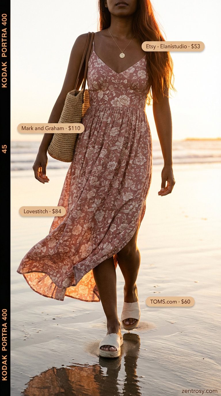 Flowy dusty rose floral tiered maxi dress for a boho beach sunset look, accentuated with espadrille sandals and a woven tote. Perfect for summer maxi dresses 2026 vacation styles.