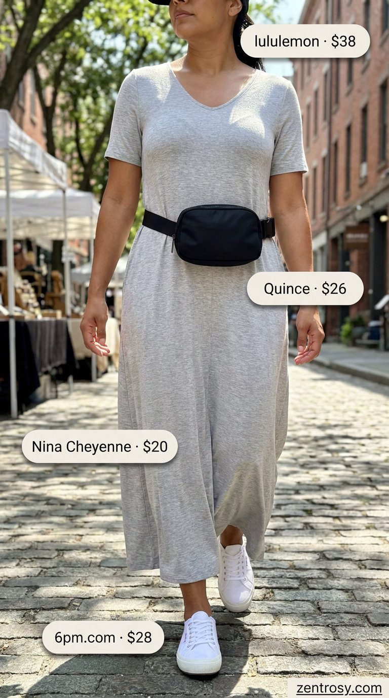 Grey cotton t-shirt maxi dress with black baseball cap, white sneakers, and black belt bag for summer maxi dresses 2026. A comfortable casual day out look.