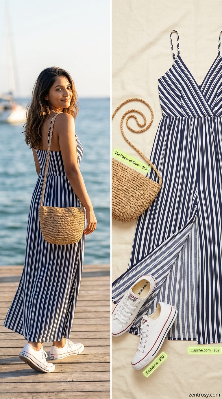 Navy and white striped sleeveless maxi dress, canvas sneakers, and a woven straw crossbody bag for coastal summer maxi dresses 2026 style.