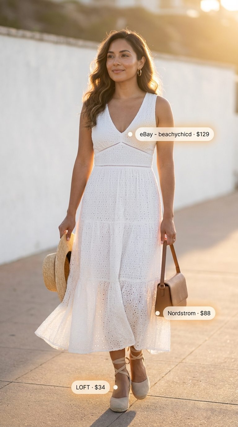White cotton eyelet maxi dress with espadrille wedges, straw crossbody, and gold necklace, a romantic summer maxi dresses 2026 resort look.