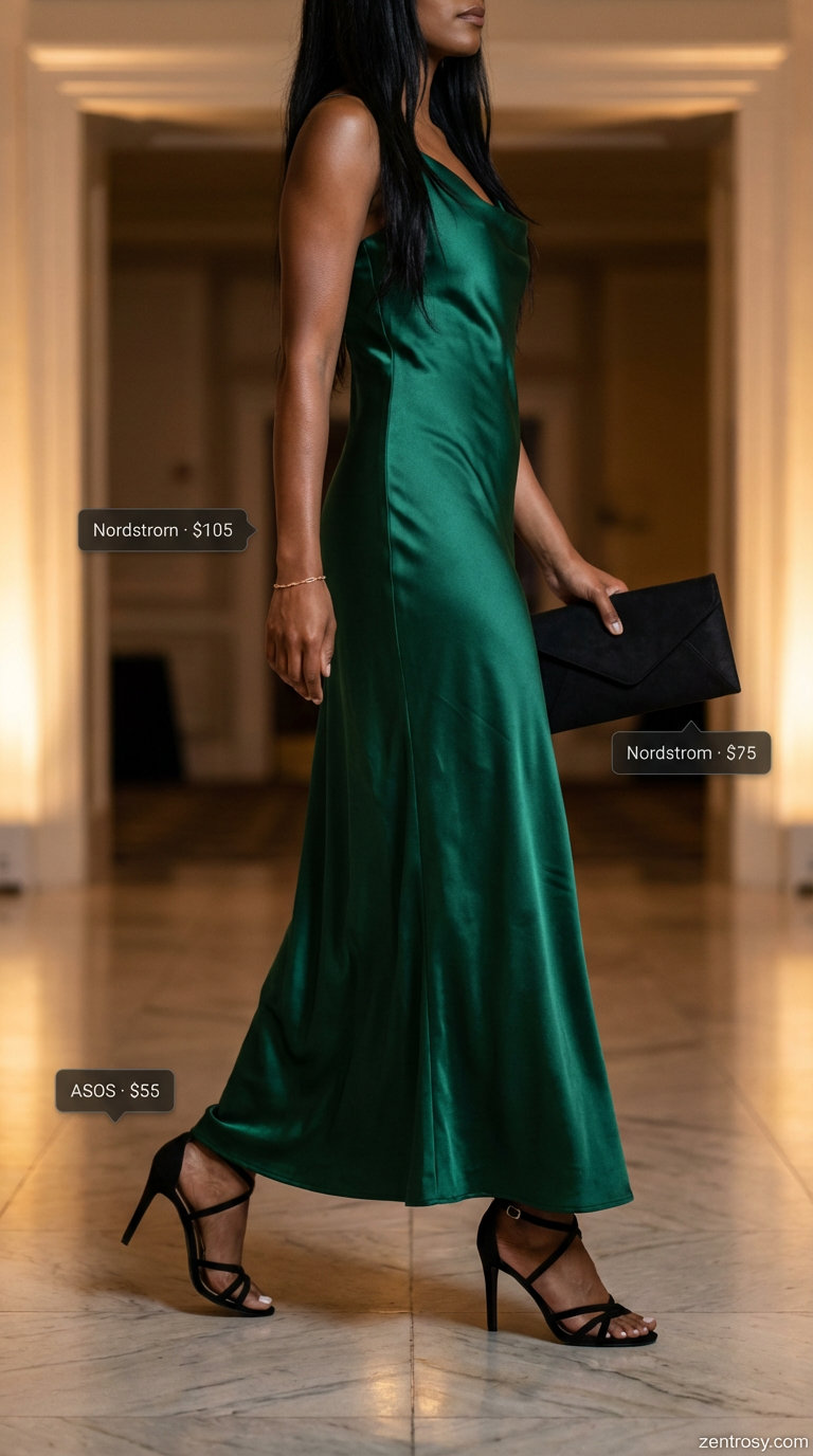 Sophisticated emerald green satin slip maxi dress with cowl neck for summer maxi dresses 2026. Paired with black strappy heels, a black clutch, and a delicate gold bracelet, perfect for a formal dinner or wedding.