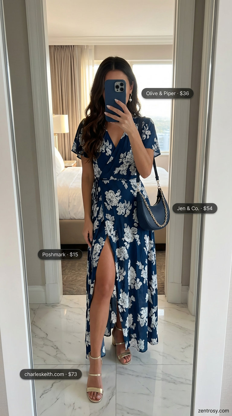 Elegant navy blue with white floral print wrap maxi dress with flutter sleeves for summer maxi dresses 2026. Styled with gold block-heel sandals, a structured shoulder bag, and gold and pearl drop earrings for a romantic resort dinner.
