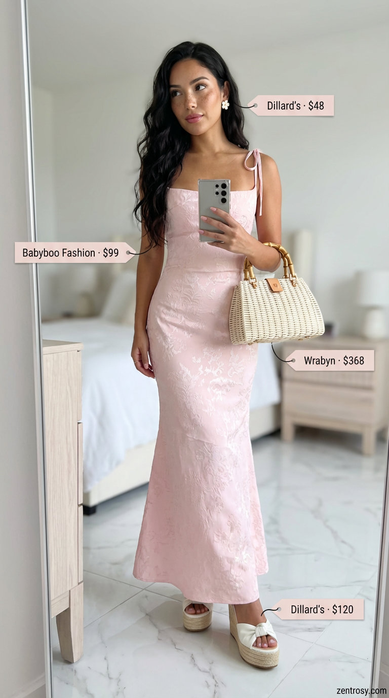Pale pink embroidered sleeveless maxi dress with espadrille wedges, wicker bag, and floral earrings, for feminine summer maxi dresses 2026 brunches.