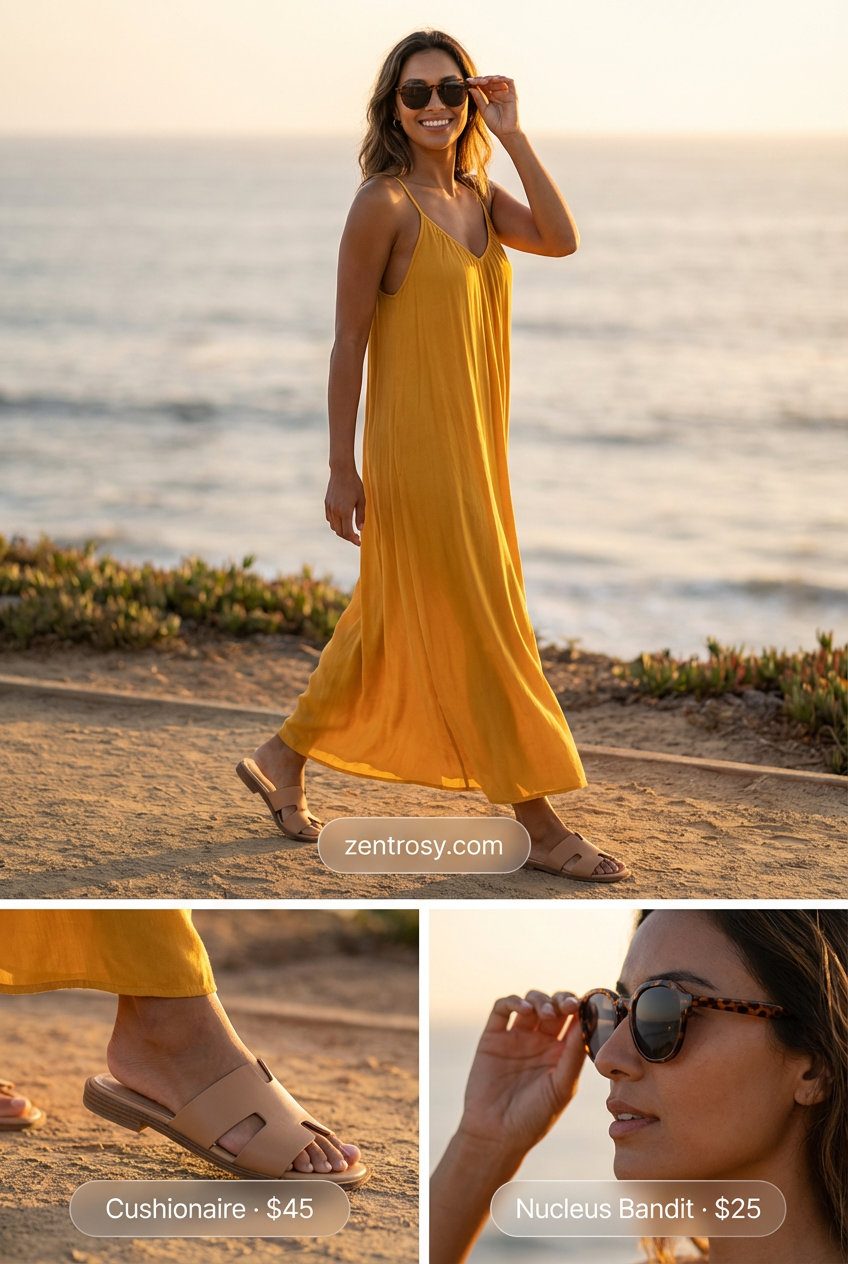 Golden yellow cotton gauze smocked maxi dress with cream slide sandals and a canvas tote, ideal for summer maxi dresses 2026 beach walks.