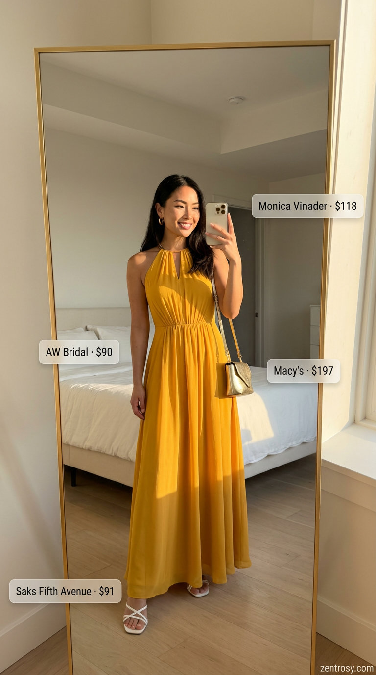 Glamorous golden yellow pleated halter neck maxi dress for summer maxi dresses 2026. Paired with white strappy kitten heels, a gold metallic cross-body bag, and statement gold hoop earrings for a vacation dinner.