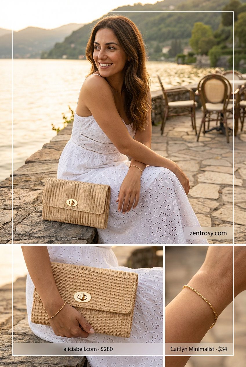 Crisp white cotton eyelet maxi dress with puff sleeves and square neckline, styled for a preppy lakeside lunch. Explore elegant summer maxi dresses 2026.