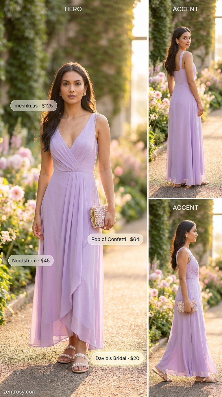 Romantic Lavender chiffon maxi dress with lace trim, styled with pearl-embellished sandals and a beaded clutch for a garden brunch. Perfect for elegant summer maxi dresses 2026.