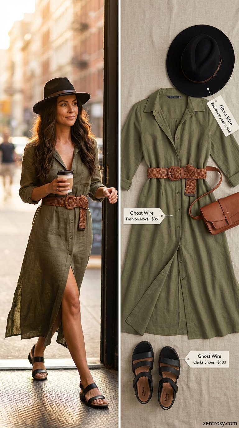 Khaki green button-front maxi dress with black fedora, faux leather belt bag, and flat sandals, showcasing summer maxi dresses 2026 safari chic.