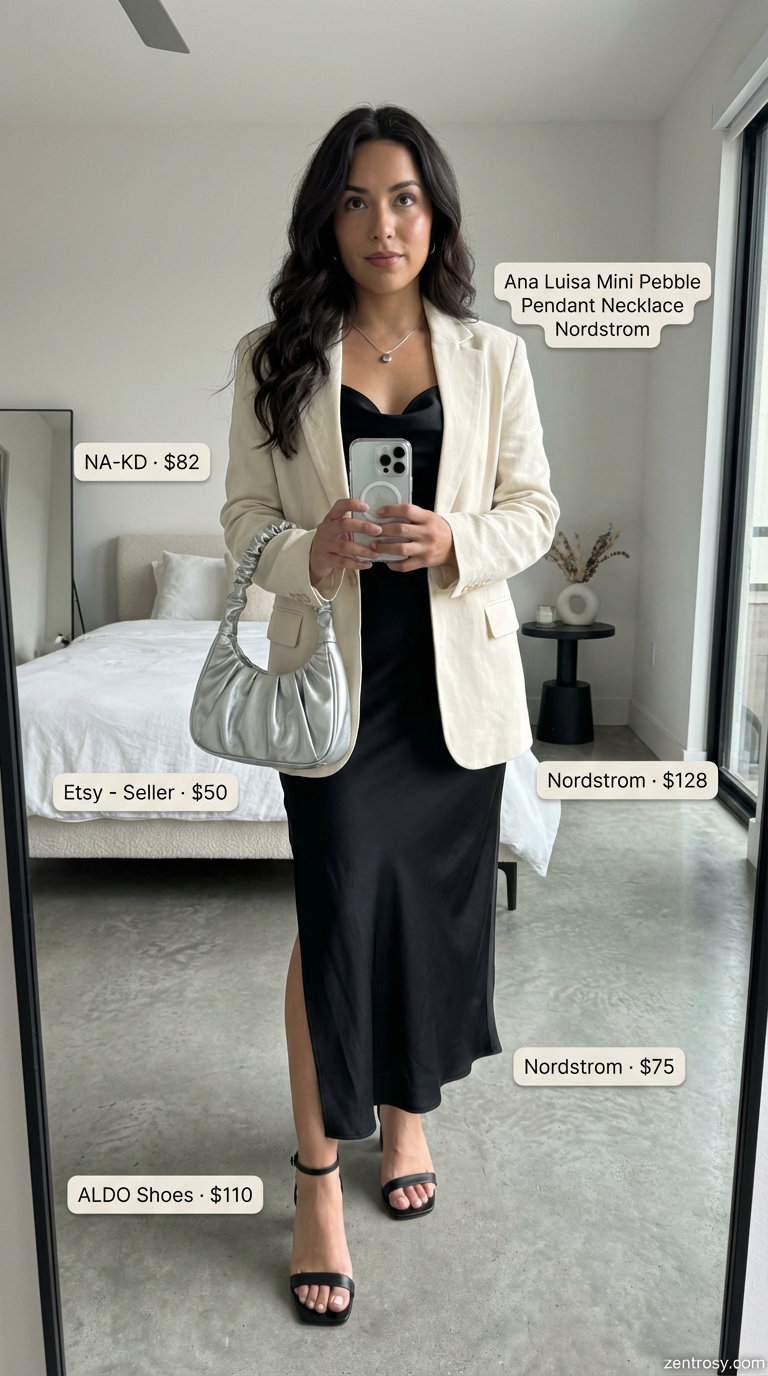 Black satin slip maxi dress with a cream linen blend blazer, silver strappy heels, and metallic clutch for sophisticated summer maxi dresses 2026 nights.