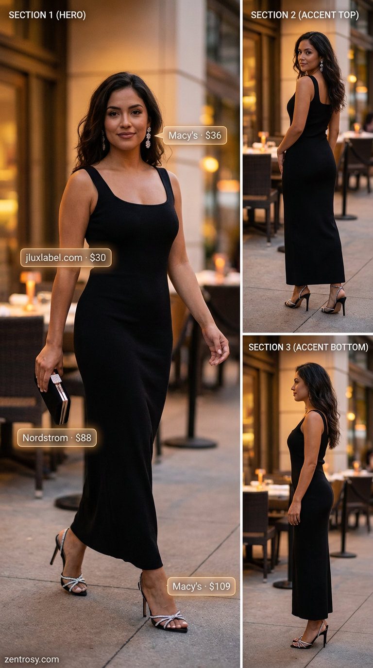 Elegant black ribbed knit maxi dress with a side slit and boat neckline, styled with silver strappy stilettos and statement earrings for a summer soiree. Look for sophisticated summer maxi dresses 2026.