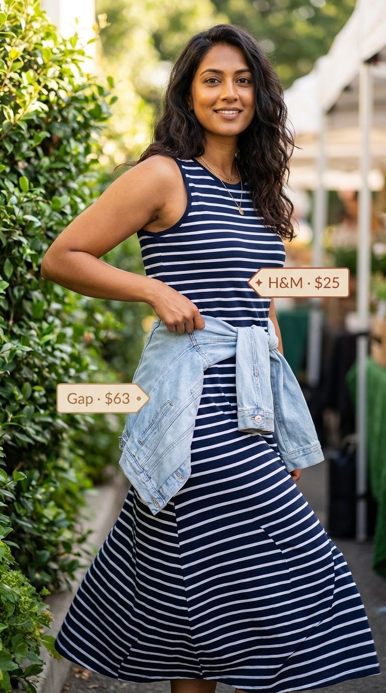 Casual navy and white striped sleeveless cotton jersey maxi dress for summer maxi dresses 2026. Layered with a light wash denim jacket, white canvas sneakers, and a large canvas tote for a weekend market stroll.
