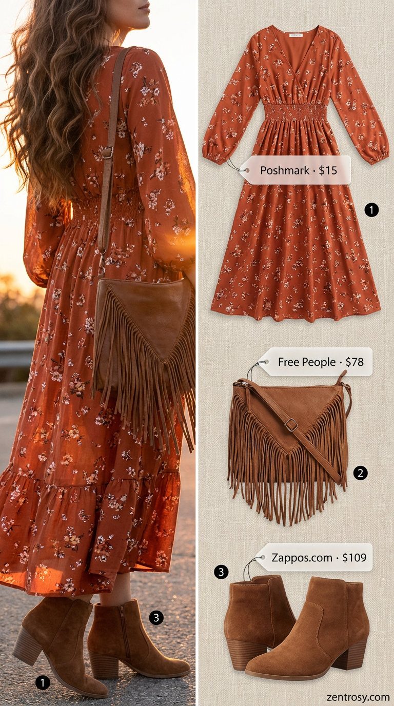Bohemian burnt orange smocked maxi dress with puff sleeves, paired with cognac suede ankle boots and a fringed bag for a summer festival. Discover trendy summer maxi dresses 2026.
