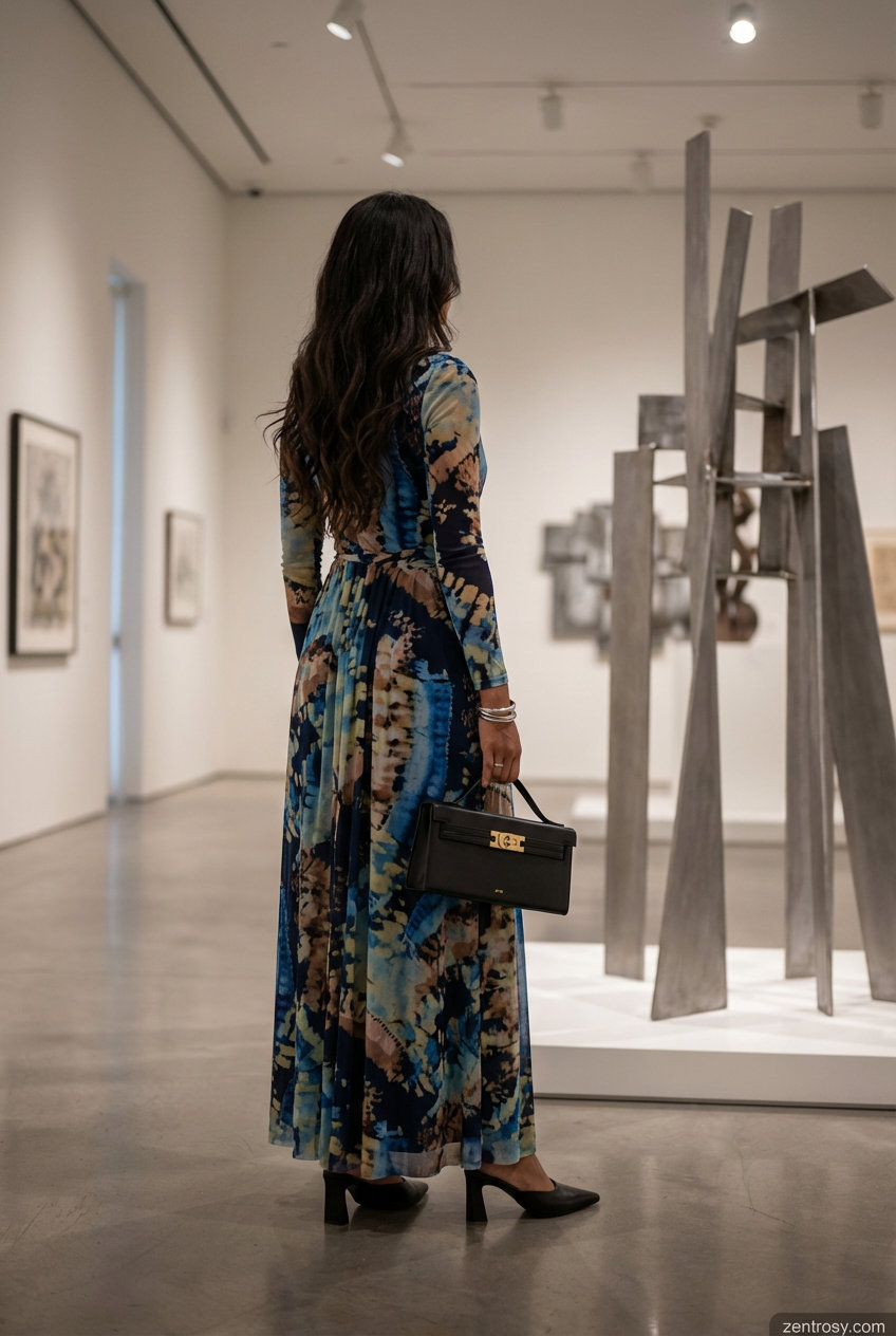 Artistic deep teal abstract print maxi dress with long sleeves for summer maxi dresses 2026. Styled with black leather mules, a structured black top-handle bag, and geometric silver earrings, perfect for an art event.