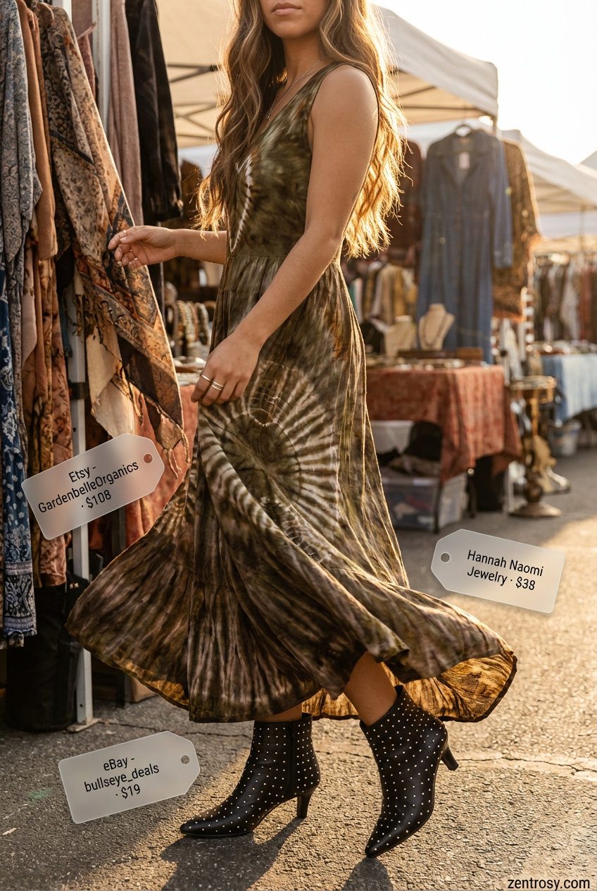 Bohemian earthy brown and olive tie-dye sleeveless maxi dress for summer maxi dresses 2026. Styled with black studded ankle boots, a fringe crossbody bag, and silver stacked rings for a music festival.