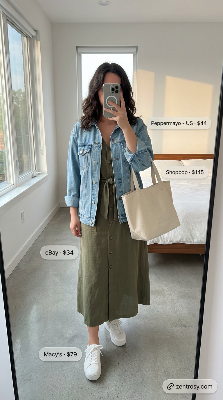 Practical olive green utility maxi dress for city sightseeing, paired with a light wash denim jacket and white sneakers. Discover modern summer maxi dresses 2026.