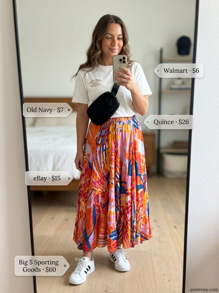 Sporty Chic Summer Outfits 2026 Multi-color abstract maxi skirt with graphic tee and sneakers for a sporty day out. 2026.