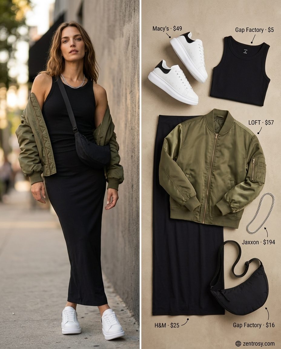Summer Maxi Skirt and Sneakers Outfits 2026: Athleisure Edge Athleisure edge outfit: black maxi skirt, bomber jacket, and chunky sneakers for summer 2026.