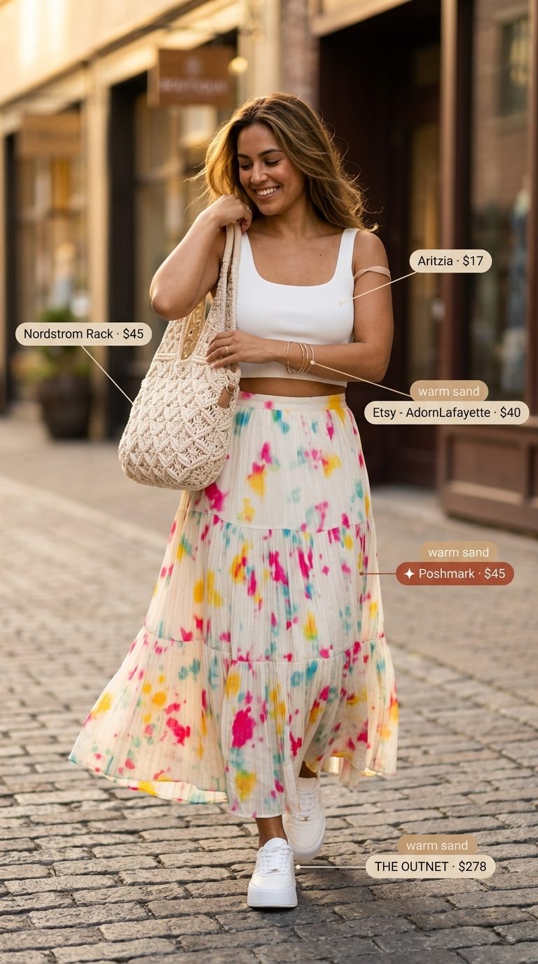 Summer Maxi Skirt and Sneakers Outfits 2026: Boho Chic Boho chic outfit: floral maxi skirt, crop top, sneakers, and macrame bag for summer 2026.
