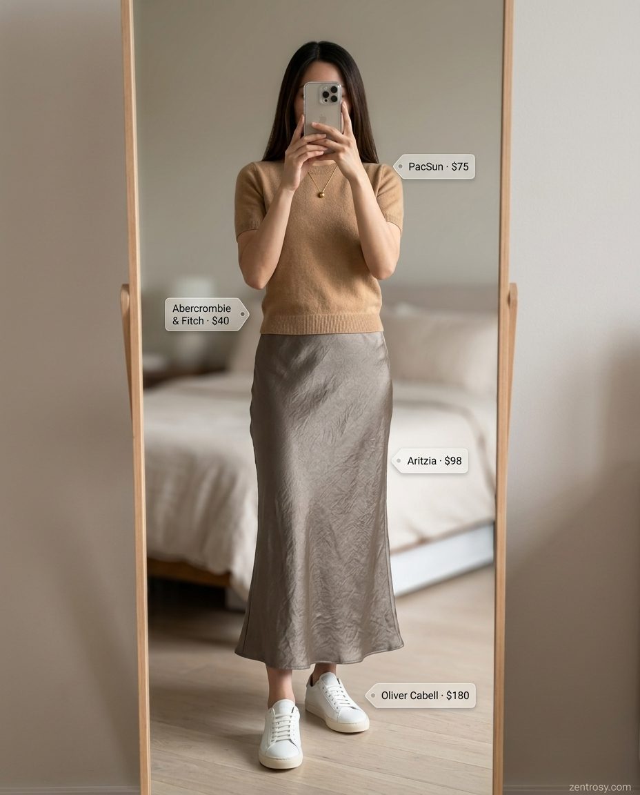 Golden Hour Summer Outfits 2026 Camel satin maxi skirt with cream knit top and sneakers for golden hour glow. 2026.