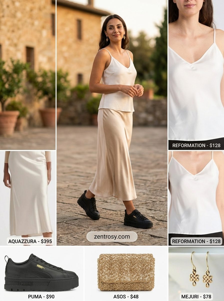 Summer Evening Elegance Outfits 2026 Champagne silk maxi skirt with ivory cami and sneakers for summer evening elegance. 2026.