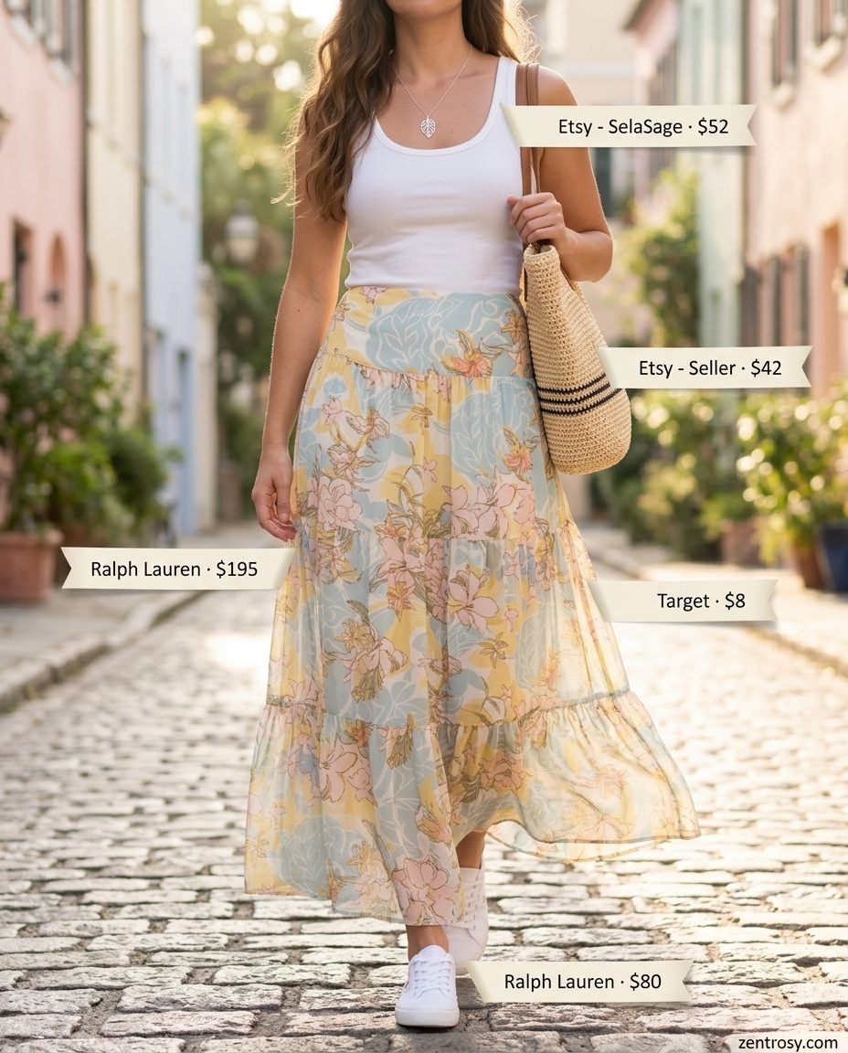 Summer Maxi Skirt and Sneakers Outfits 2026: Coastal Breeze Coastal breeze outfit: pastel floral maxi skirt, white tank, canvas sneakers, and straw tote for summer 2026.