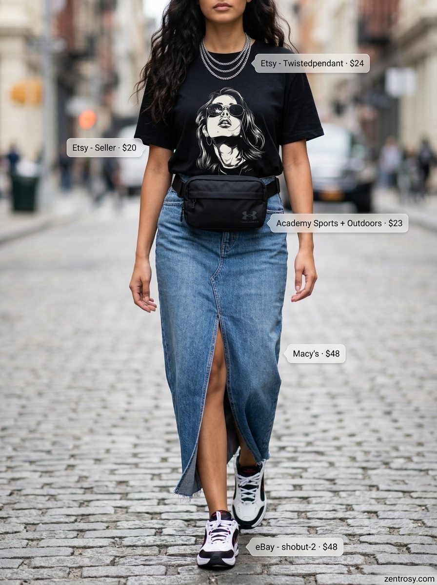 Urban Explorer Summer Outfits 2026 Dark wash denim maxi skirt with graphic tee and chunky sneakers for urban exploration. 2026.