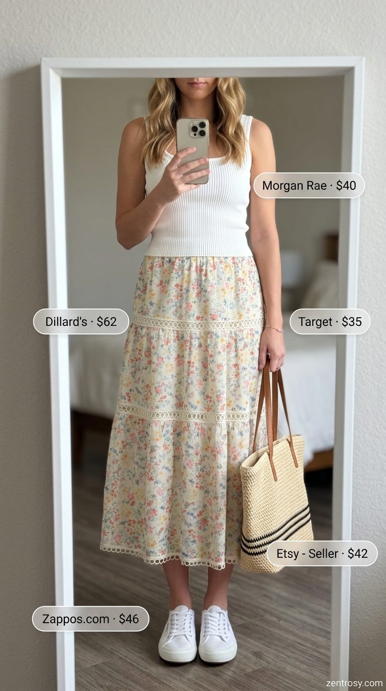 Coastal Breeze Summer Outfits 2026 Pastel floral maxi skirt with ivory tank and canvas sneakers for a coastal breeze. 2026.