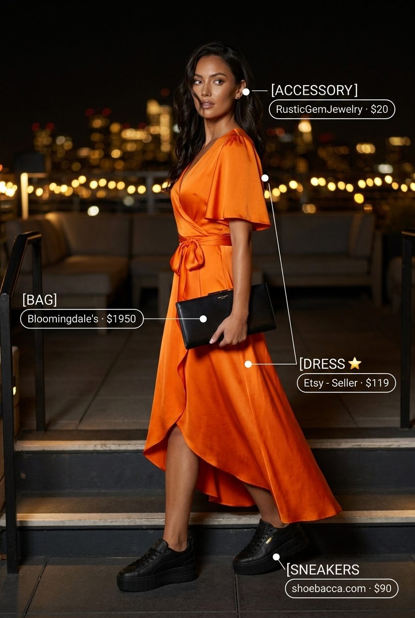 Sunset City Chic Summer Outfits 2026 Mango orange satin midi wrap dress with sneakers for a sunset rooftop dinner. 2026.