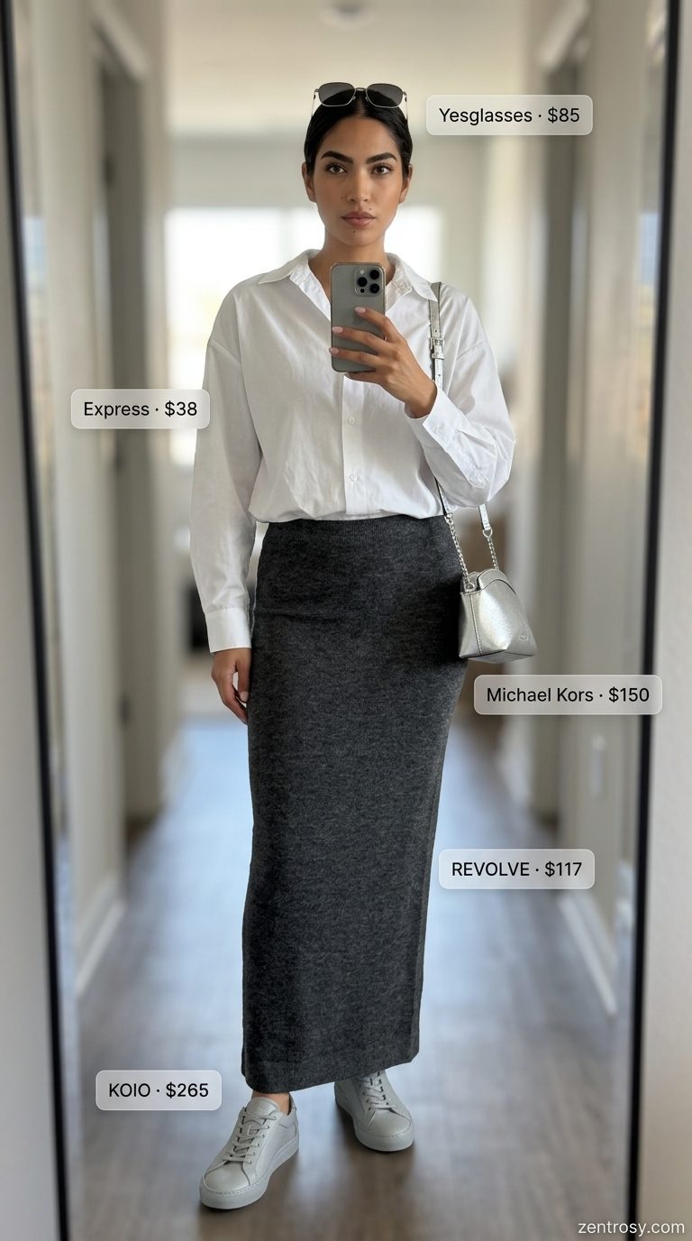 Summer Maxi Skirt and Sneakers Outfits 2026: Monochrome Maven Monochrome maven outfit: charcoal knit maxi skirt, white shirt, and minimalist leather sneakers for summer 2026.