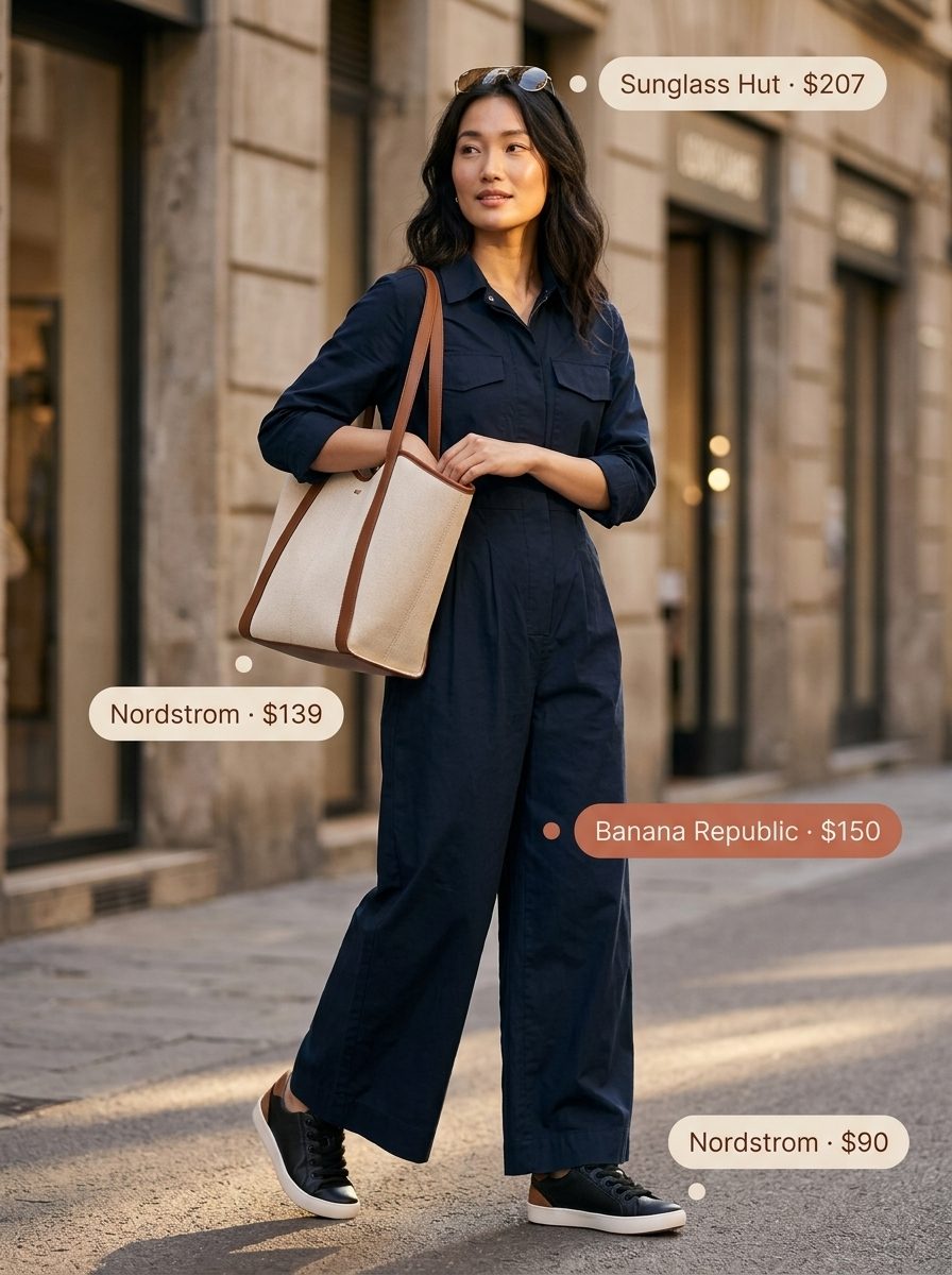 Weekend Getaway Summer Outfits 2026 Navy utility jumpsuit with sneakers and aviator sunglasses for weekend travel. 2026.