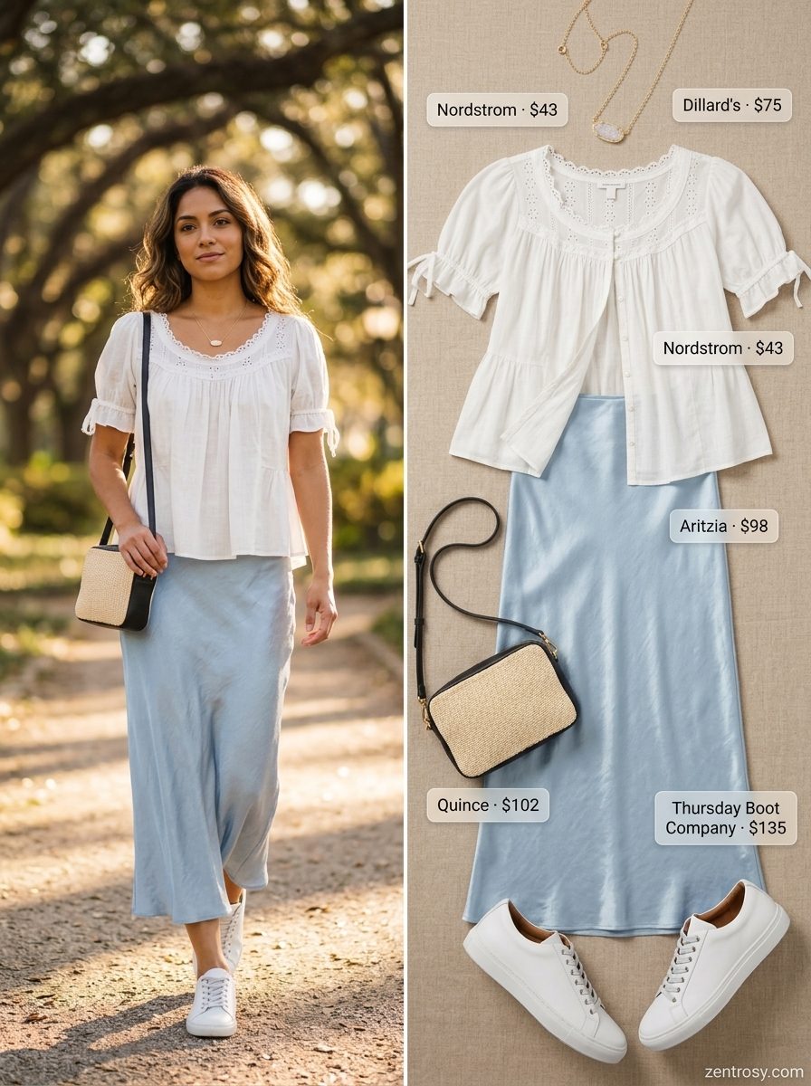 Summer Maxi Skirt and Sneakers Outfits 2026: Pastel Dream Pastel dream outfit: pale blue maxi skirt, eyelet blouse, white sneakers, and raffia bag for summer 2026.