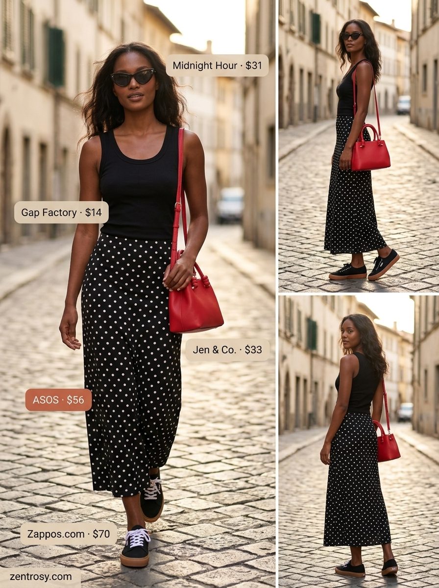 Retro Summer Outfits 2026 Black and white polka dot maxi skirt with red bag and sneakers for retro vibes. 2026.
