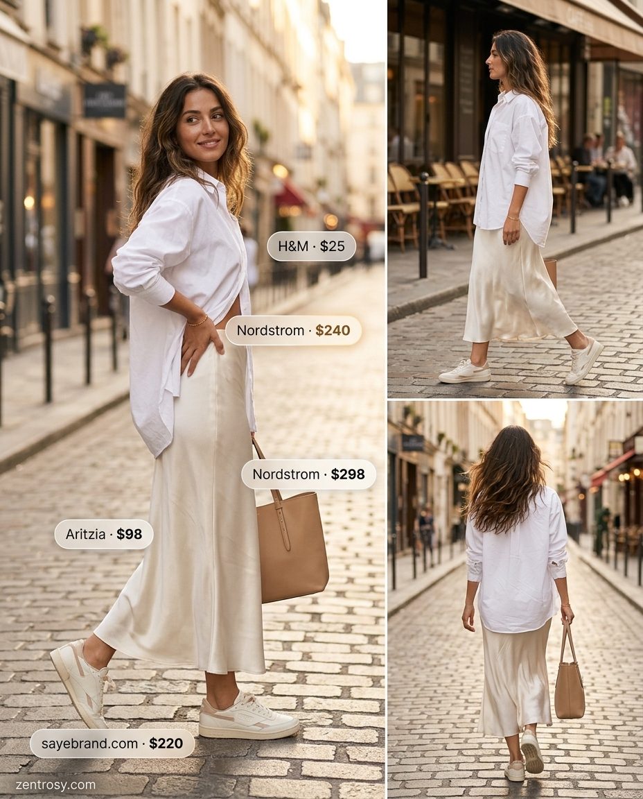 Chic Monochrome Summer Outfits 2026 Cream satin maxi skirt with oversized white shirt and minimalist sneakers. 2026.