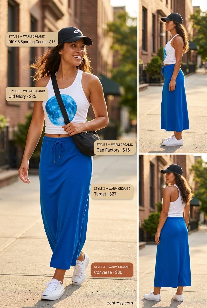 Summer Maxi Skirt and Sneakers Outfits 2026: Sporty Summer Sporty summer outfit: bright blue athletic maxi skirt, white sneakers, and graphic tank for summer 2026.