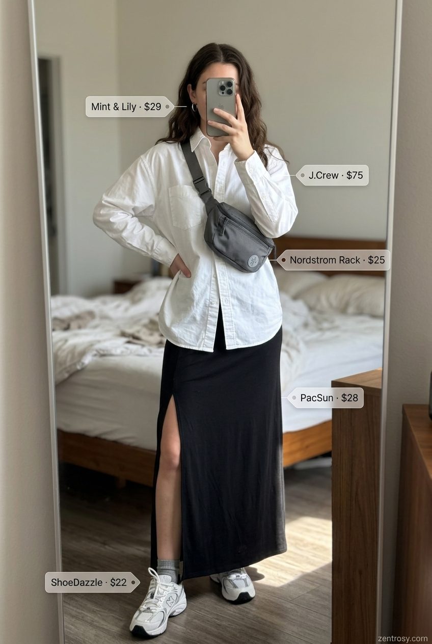 Summer Maxi Skirt and Sneakers Outfits 2026: Urban Explorer Urban explorer outfit: black maxi skirt, oversized white shirt, and grey sneakers with a belt bag for summer 2026.