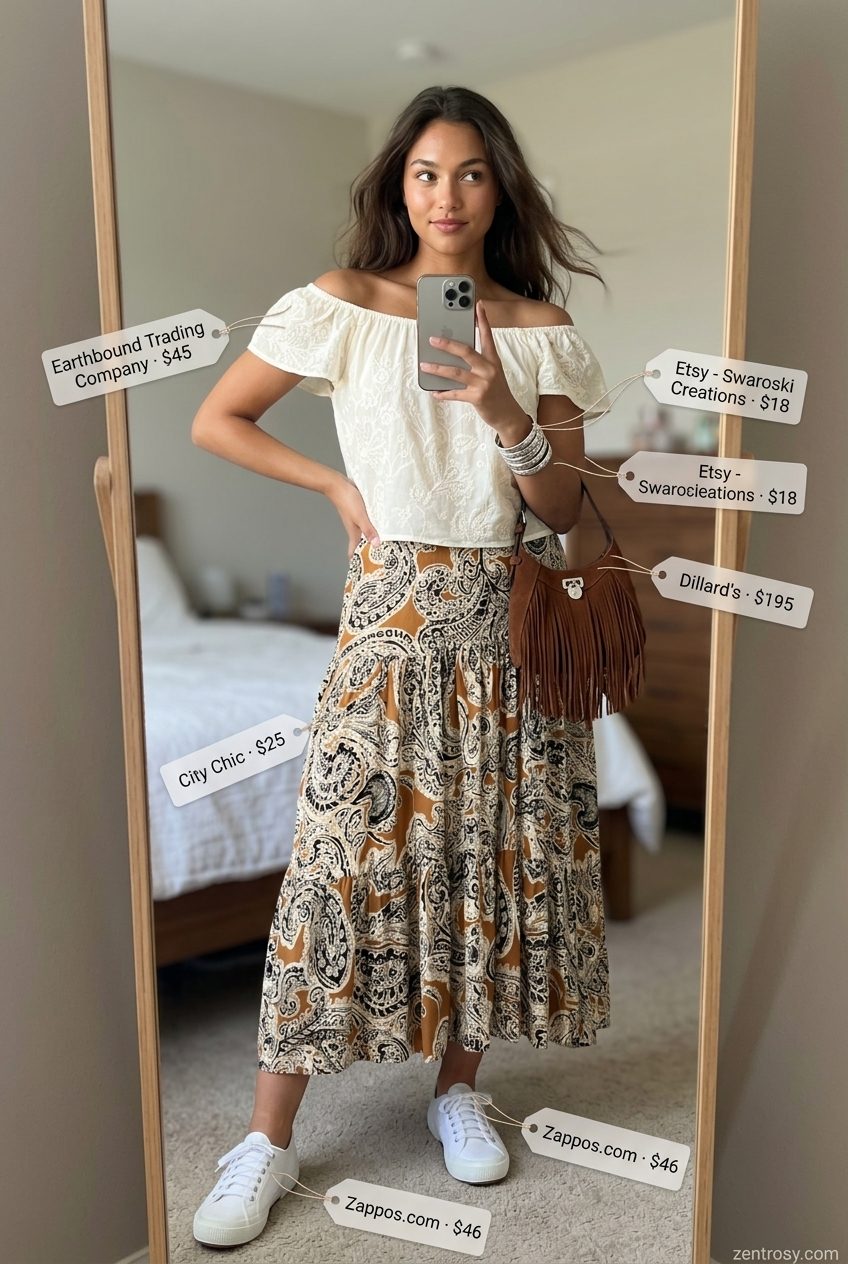 Bohemian Summer Maxi Skirt and Sneakers Outfits 2026 Paisley maxi skirt, white off-shoulder top, and canvas sneakers for bohemian outfits 2026.