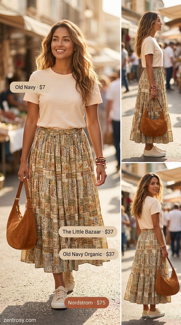 Boho Summer Maxi Skirt and Sneakers Outfits 2026 Boho printed maxi skirt, white tee, and canvas sneakers for a summer festival outfit 2026.