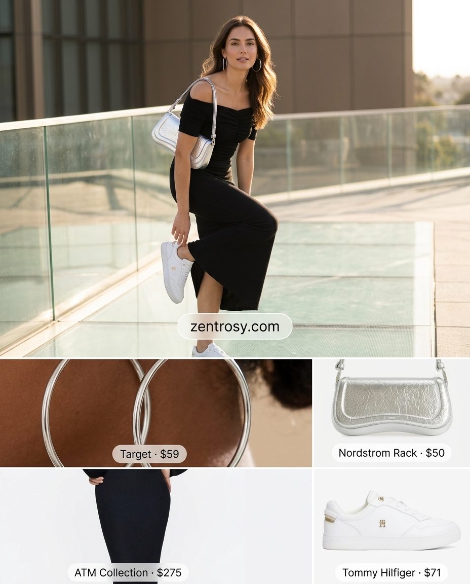 Elevated Athleisure Summer Maxi Skirt Outfits 2026 Black maxi skirt, white mock neck top, and silver sneakers for elevated athleisure summer outfits 2026.