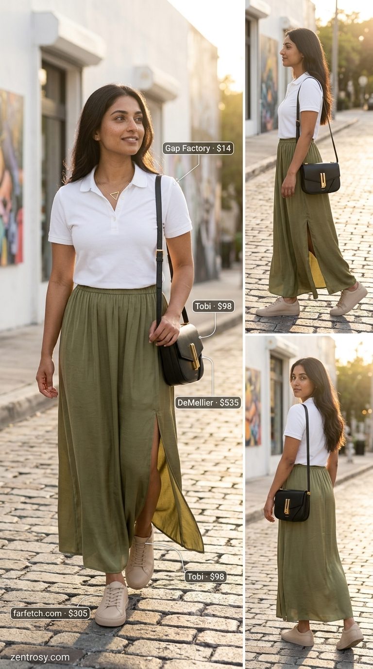 Modern Minimalist Summer Maxi Skirt Outfits 2026 Olive green maxi skirt, white polo, and beige sneakers for a modern minimalist summer outfit 2026.