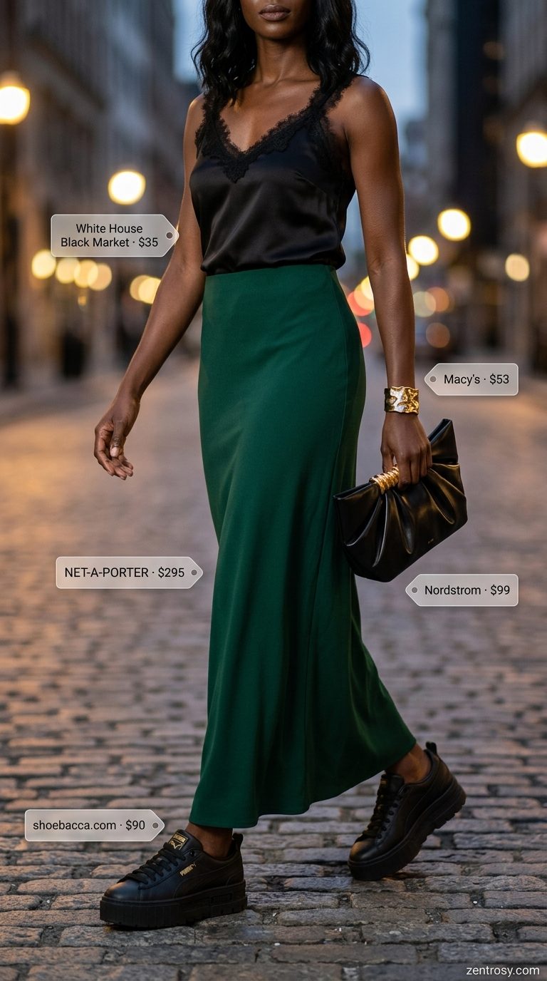 Elegant Summer Maxi Skirt and Sneakers Outfits 2026 Emerald green maxi skirt, black camisole, and black clutch with sneakers for evening outfits 2026.